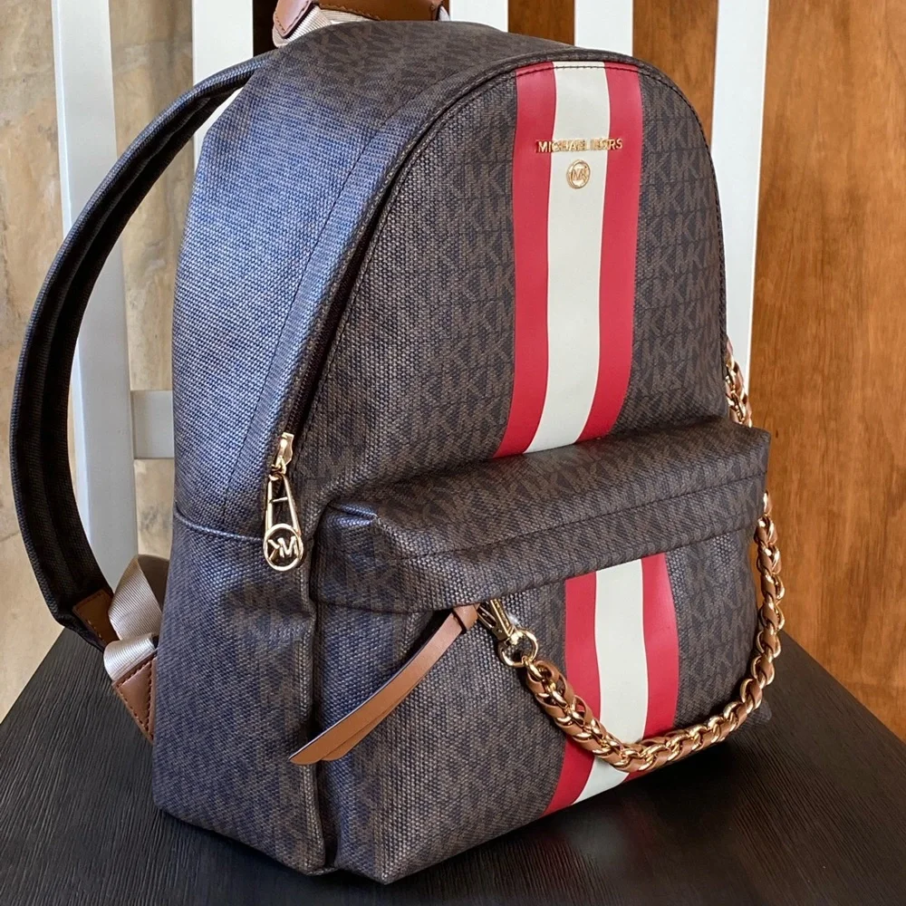 Michael Kors slater signature chain stripe brown backpack brown red white NWT - Picture 2 of 7